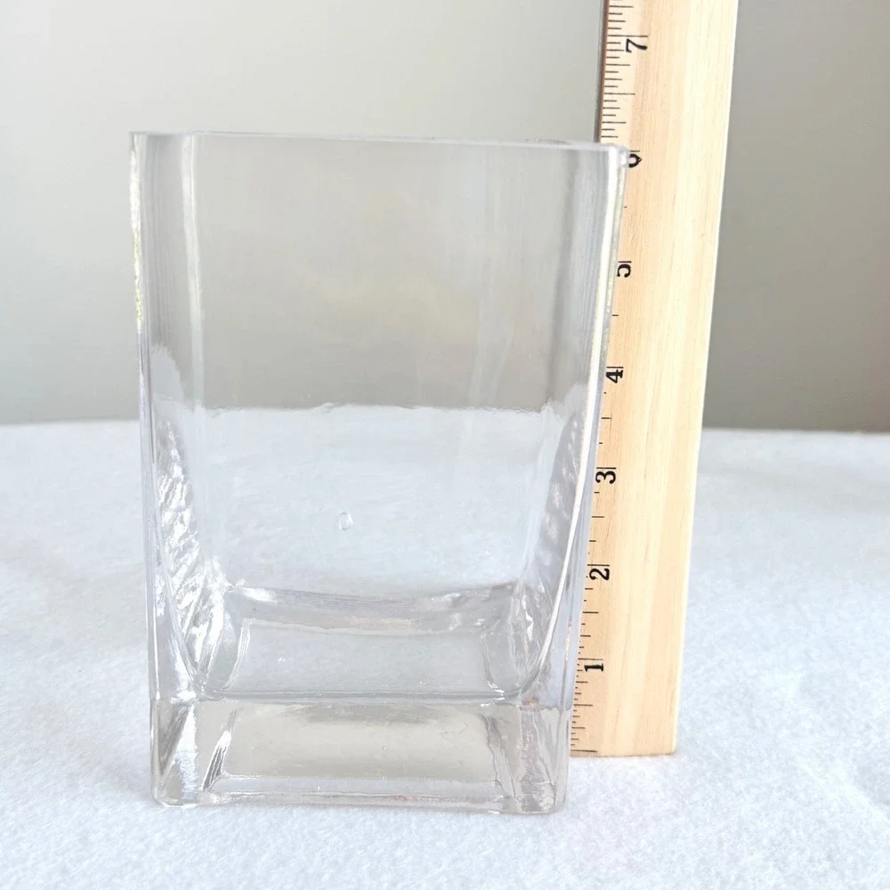 Glass Vase Set 2 Clear Excellent Modern Rectangle  Heavy Base 5.5